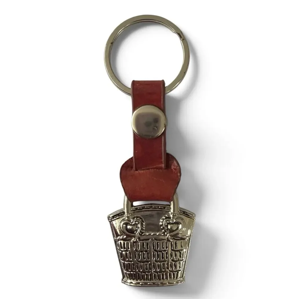 Brighton Keychain Key Ring Silver Purse Basket Heart Red Leather Strap 3.5”